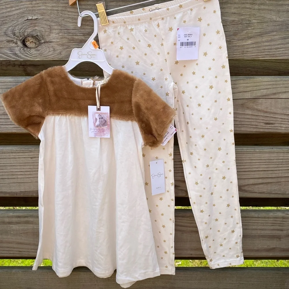Jessica Simpson Sea Salt Faux Fur Short Sleeve 2 Piece Outfit Girls 6X
